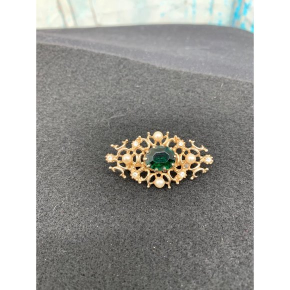 Unknown Maker Vintage Brooch  OS Gold, Green, Cream   Glass Stone, Faux Pearls i - Picture 8 of 13
